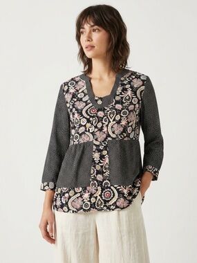 Boden Black Mixed Print Floral Polka Dot Boho Tunic Blouse 10